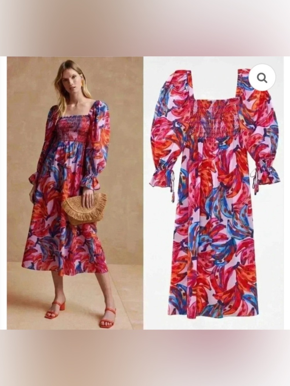 Farm Rio Bananas Print Smocked Maxi Dress Beaded Ballon Sleeve Sz XS Pink Boho